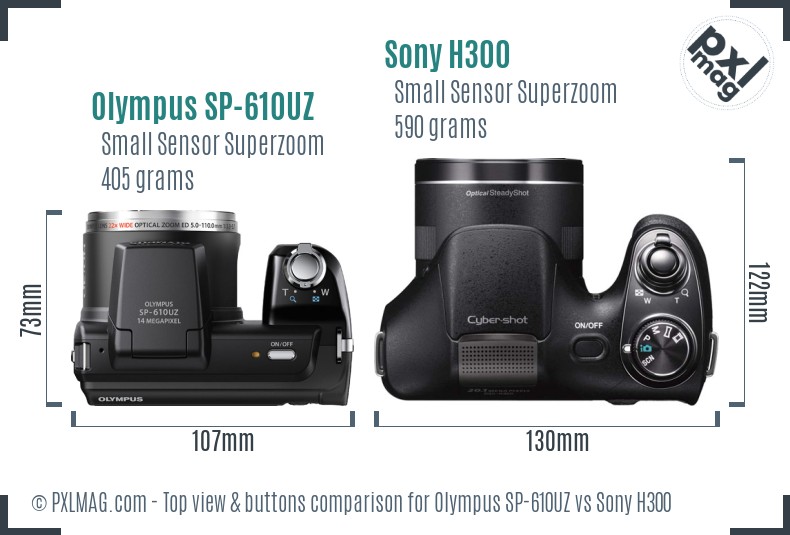 Olympus SP-610UZ vs Sony H300 top view buttons comparison