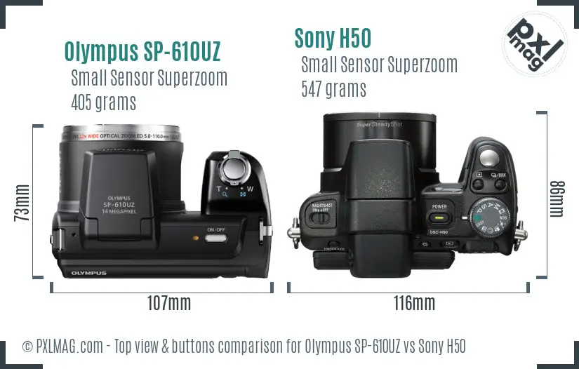 Olympus SP-610UZ vs Sony H50 top view buttons comparison