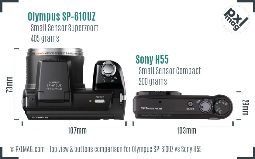 Olympus SP-610UZ vs Sony H55 top view buttons comparison