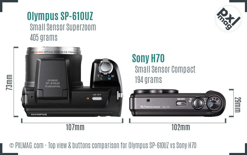 Olympus SP-610UZ vs Sony H70 top view buttons comparison