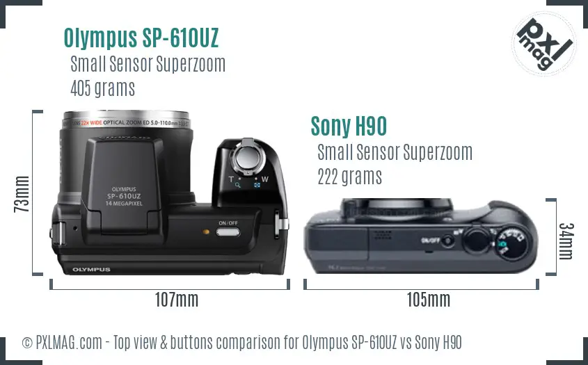 Olympus SP-610UZ vs Sony H90 top view buttons comparison