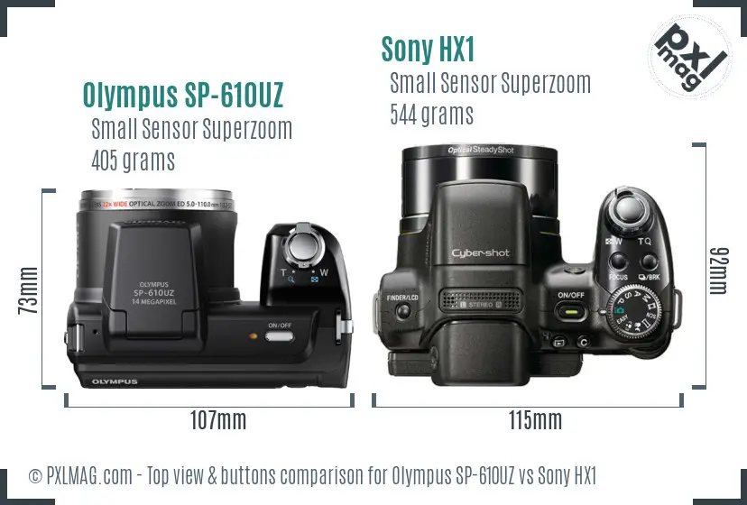 Olympus SP-610UZ vs Sony HX1 top view buttons comparison