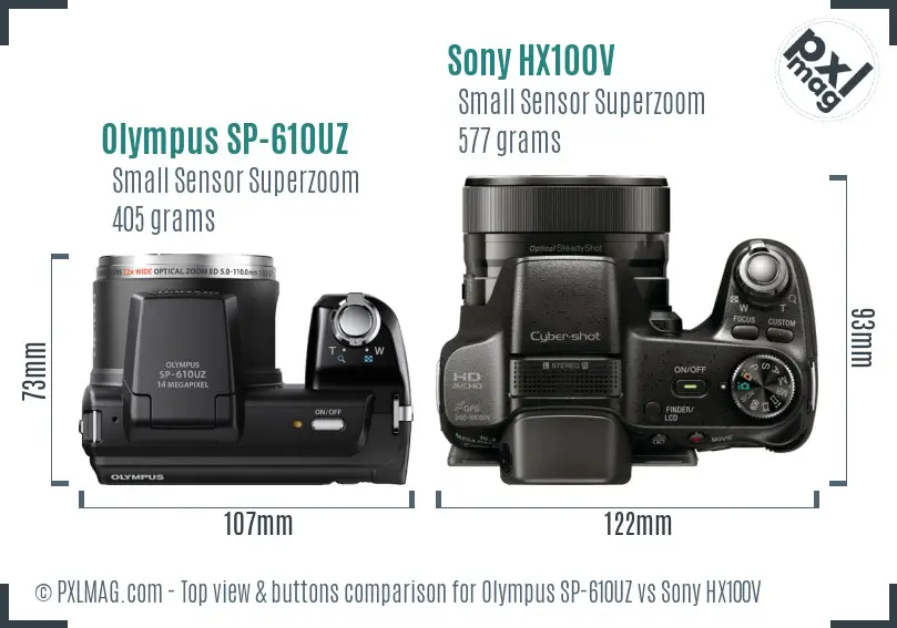 Olympus SP-610UZ vs Sony HX100V top view buttons comparison