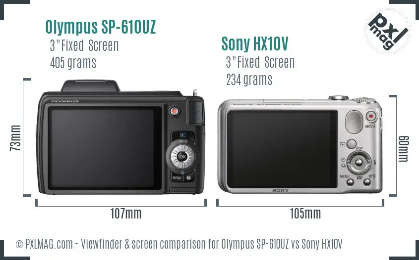 Olympus SP-610UZ vs Sony HX10V Screen and Viewfinder comparison