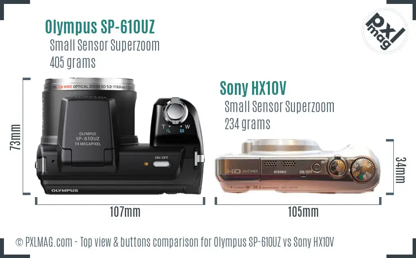 Olympus SP-610UZ vs Sony HX10V top view buttons comparison