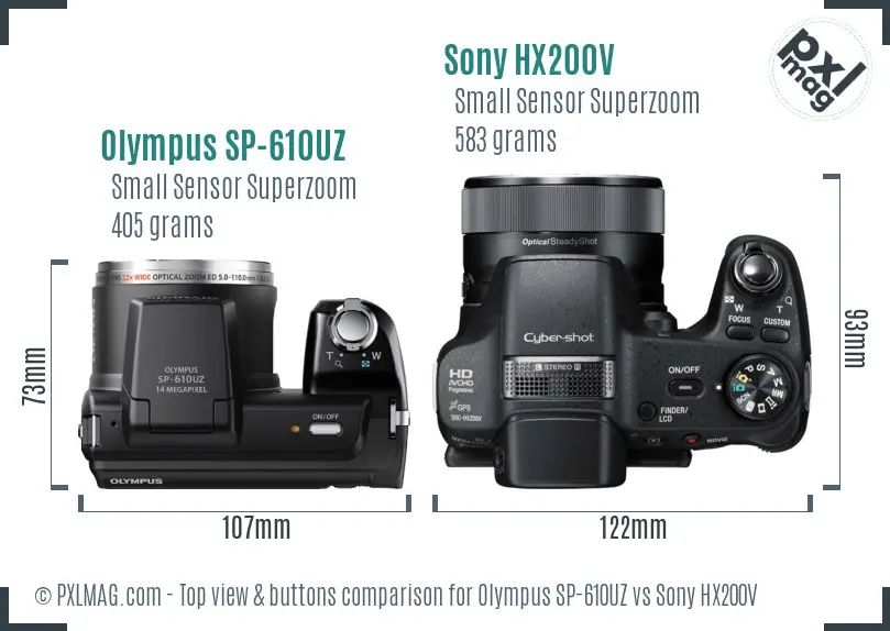 Olympus SP-610UZ vs Sony HX200V top view buttons comparison