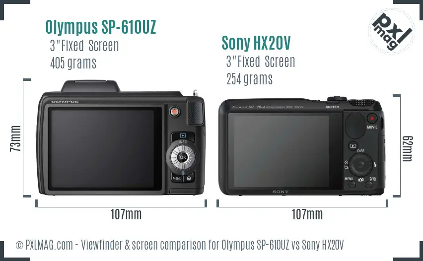 Olympus SP-610UZ vs Sony HX20V Screen and Viewfinder comparison