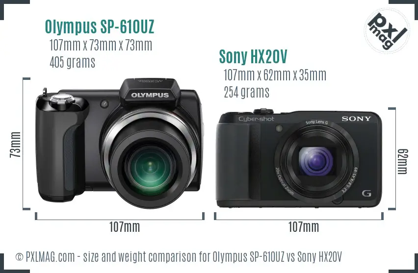 Olympus SP-610UZ vs Sony HX20V size comparison