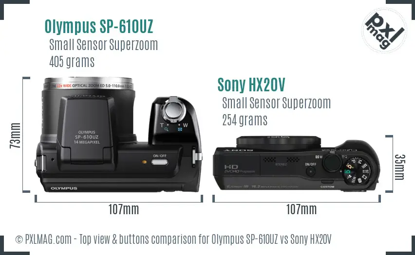 Olympus SP-610UZ vs Sony HX20V top view buttons comparison