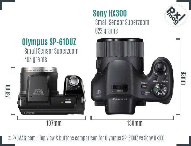 Olympus SP-610UZ vs Sony HX300 top view buttons comparison