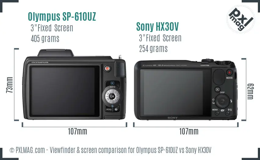 Olympus SP-610UZ vs Sony HX30V Screen and Viewfinder comparison