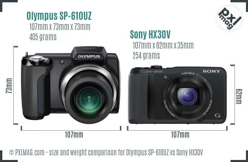Olympus SP-610UZ vs Sony HX30V size comparison