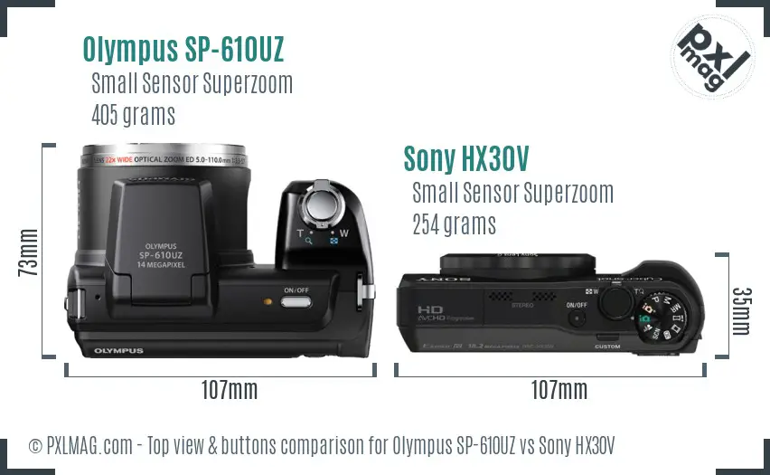Olympus SP-610UZ vs Sony HX30V top view buttons comparison