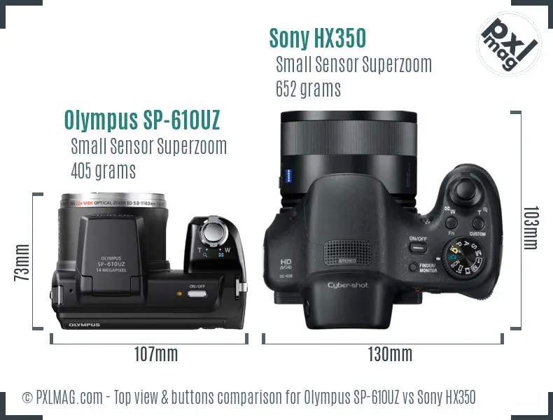 Olympus SP-610UZ vs Sony HX350 top view buttons comparison