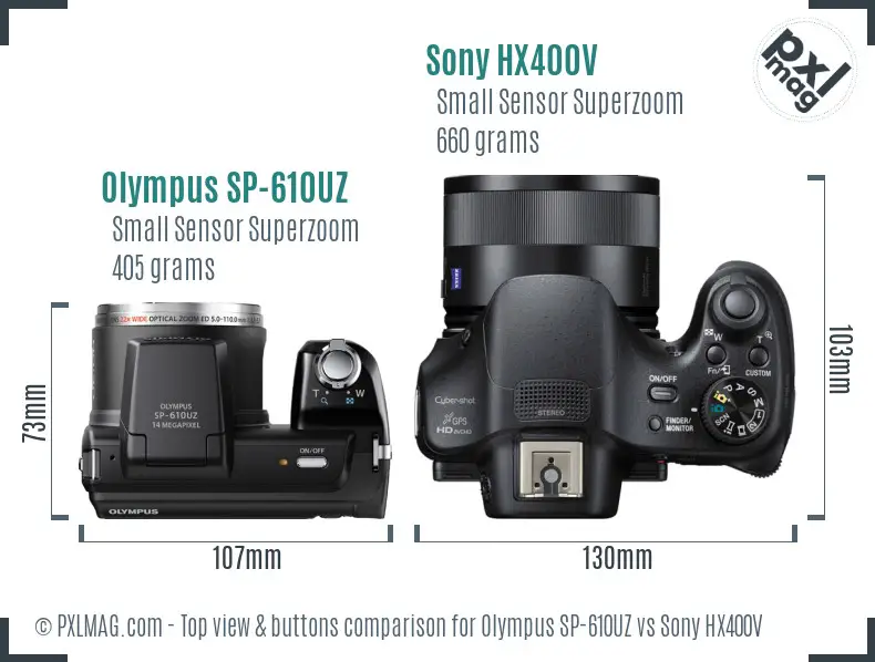 Olympus SP-610UZ vs Sony HX400V top view buttons comparison