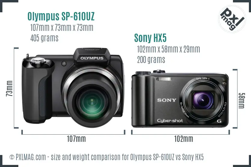 Olympus SP-610UZ vs Sony HX5 size comparison