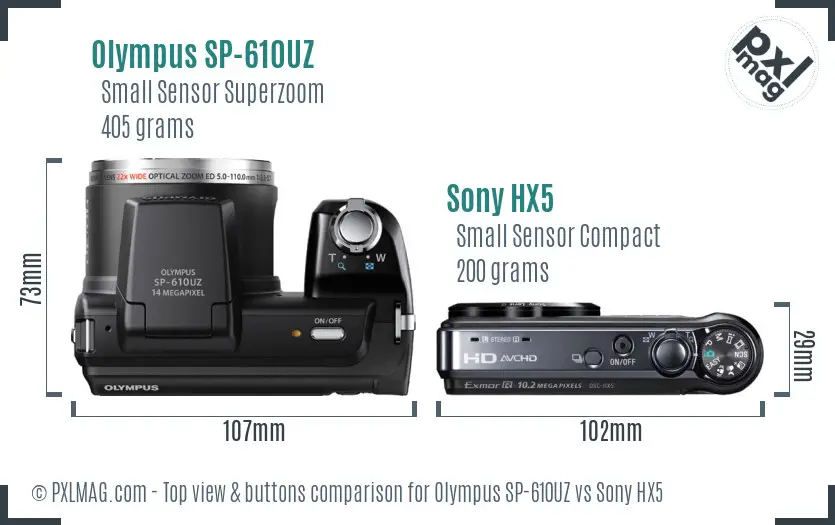 Olympus SP-610UZ vs Sony HX5 top view buttons comparison