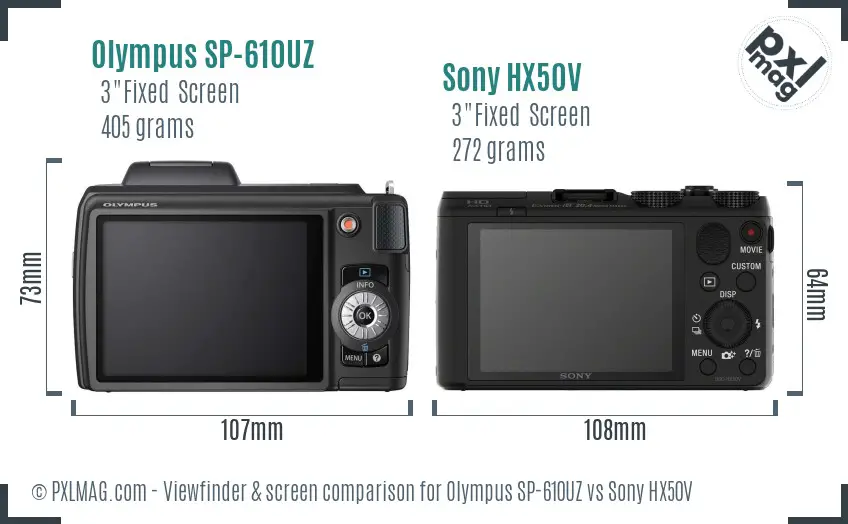 Olympus SP-610UZ vs Sony HX50V Screen and Viewfinder comparison