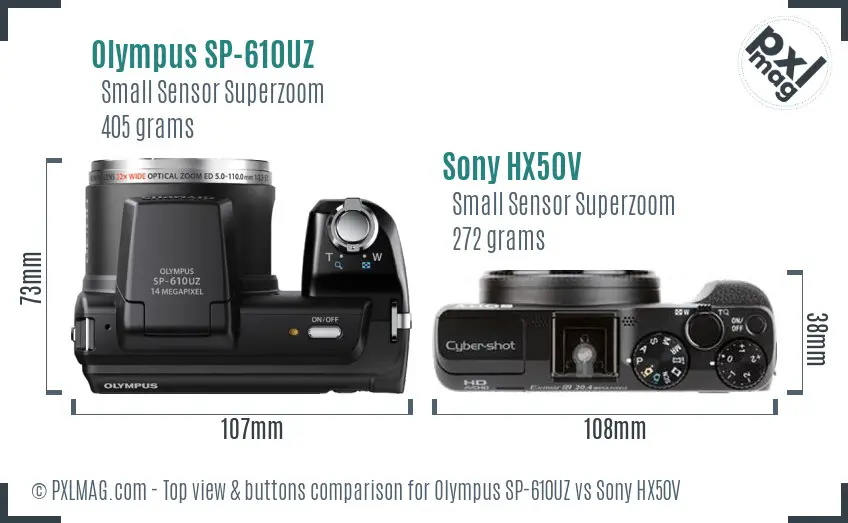 Olympus SP-610UZ vs Sony HX50V top view buttons comparison