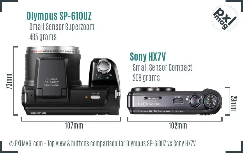 Olympus SP-610UZ vs Sony HX7V top view buttons comparison