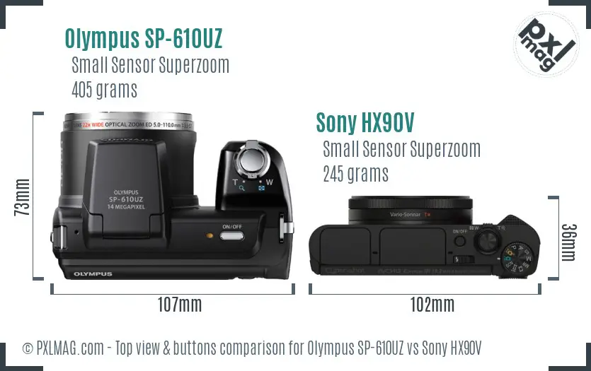 Olympus SP-610UZ vs Sony HX90V top view buttons comparison