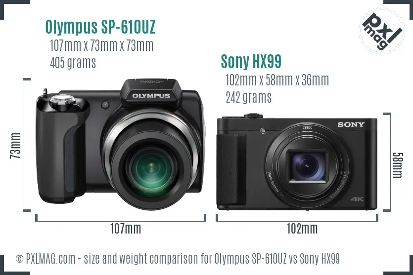 Olympus SP-610UZ vs Sony HX99 size comparison