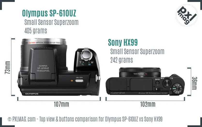 Olympus SP-610UZ vs Sony HX99 top view buttons comparison