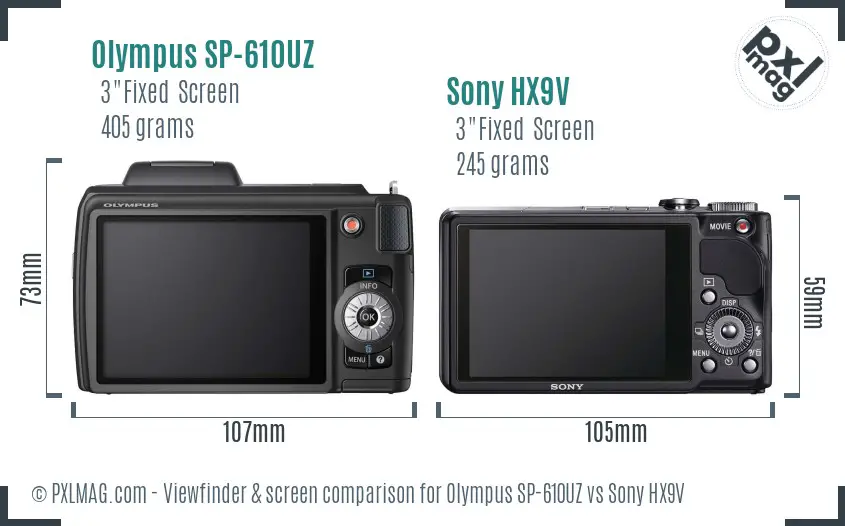 Olympus SP-610UZ vs Sony HX9V Screen and Viewfinder comparison