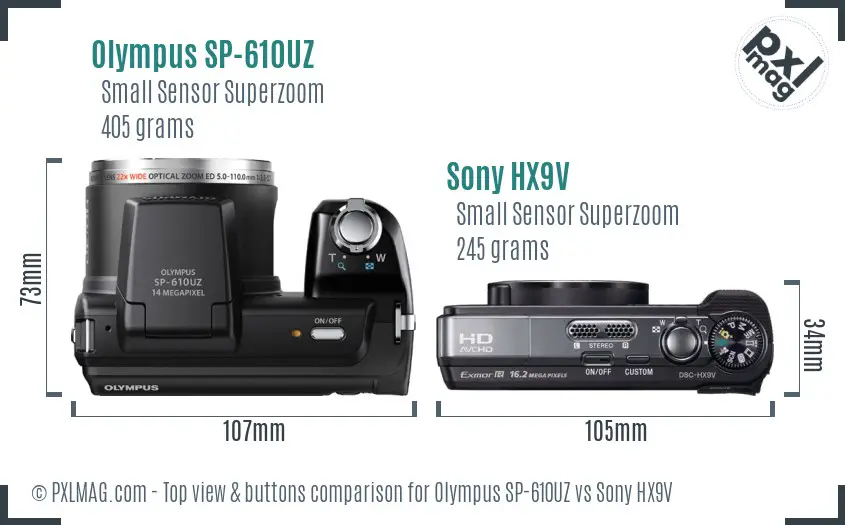 Olympus SP-610UZ vs Sony HX9V top view buttons comparison