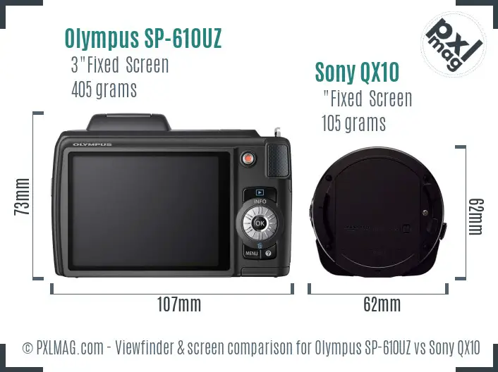 Olympus SP-610UZ vs Sony QX10 Screen and Viewfinder comparison