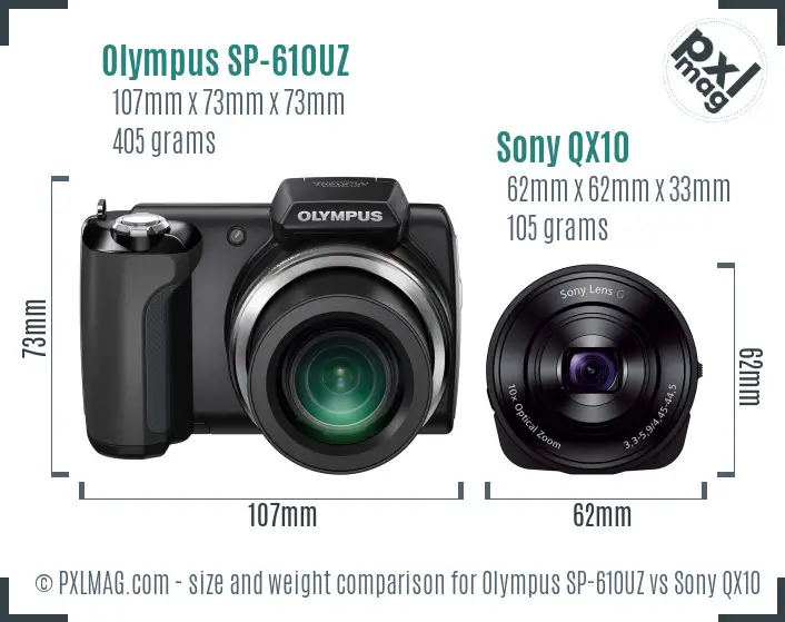 Olympus SP-610UZ vs Sony QX10 size comparison
