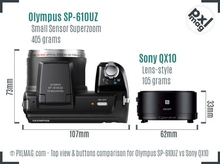 Olympus SP-610UZ vs Sony QX10 top view buttons comparison