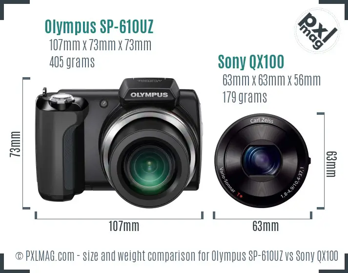 Olympus SP-610UZ vs Sony QX100 size comparison Olympus SP-610UZ vs Sony QX100 size comparison