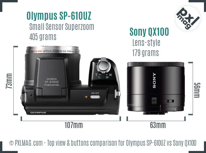 Olympus SP-610UZ vs Sony QX100 top view buttons comparison Olympus SP-610UZ vs Sony QX100 top view buttons comparison