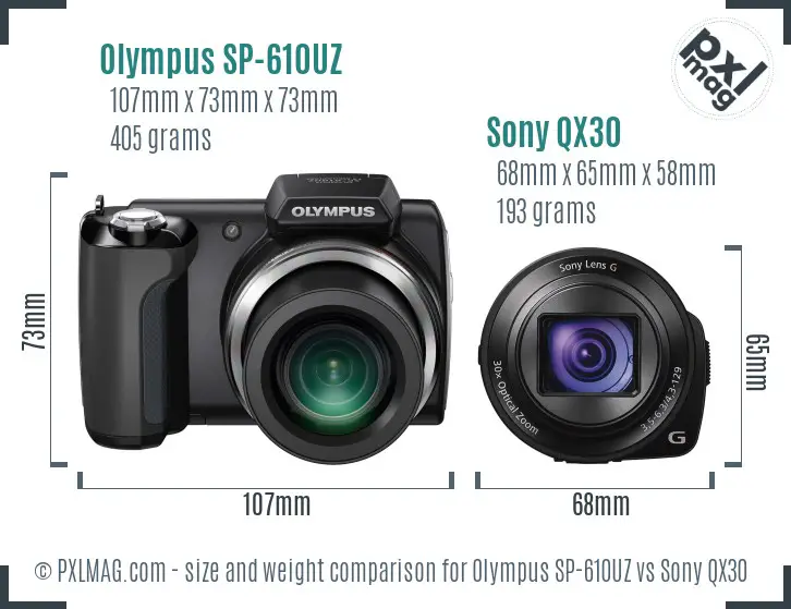 Olympus SP-610UZ vs Sony QX30 size comparison
