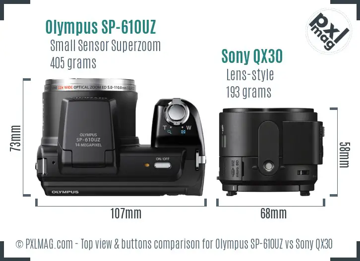 Olympus SP-610UZ vs Sony QX30 top view buttons comparison