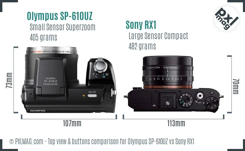 Olympus SP-610UZ vs Sony RX1 top view buttons comparison