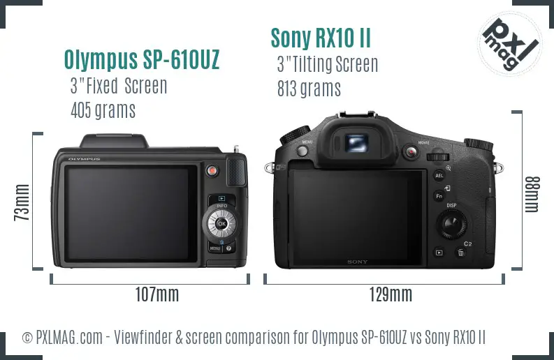 Olympus SP-610UZ vs Sony RX10 II Screen and Viewfinder comparison