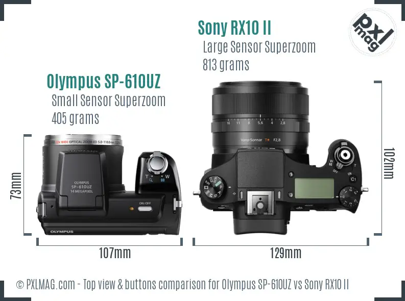 Olympus SP-610UZ vs Sony RX10 II top view buttons comparison