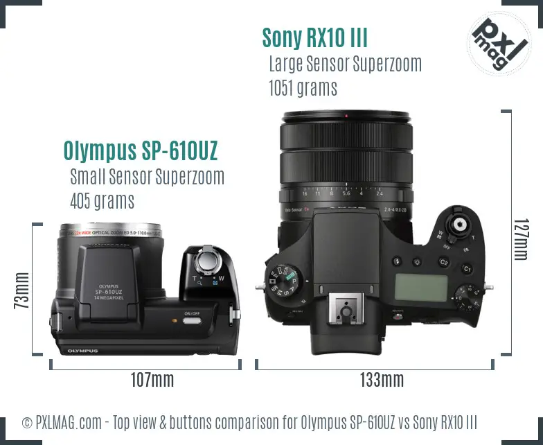 Olympus SP-610UZ vs Sony RX10 III top view buttons comparison