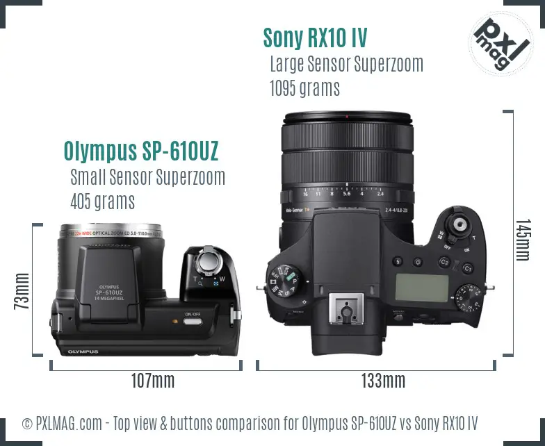 Olympus SP-610UZ vs Sony RX10 IV top view buttons comparison