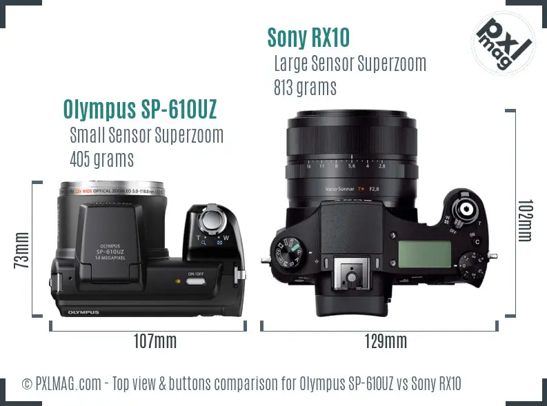 Olympus SP-610UZ vs Sony RX10 top view buttons comparison