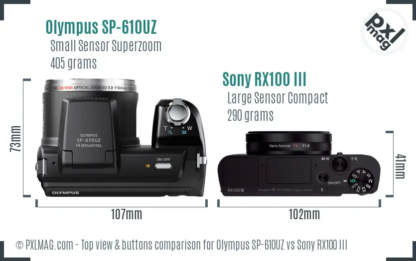 Olympus SP-610UZ vs Sony RX100 III top view buttons comparison