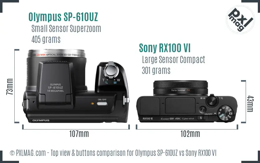 Olympus SP-610UZ vs Sony RX100 VI top view buttons comparison