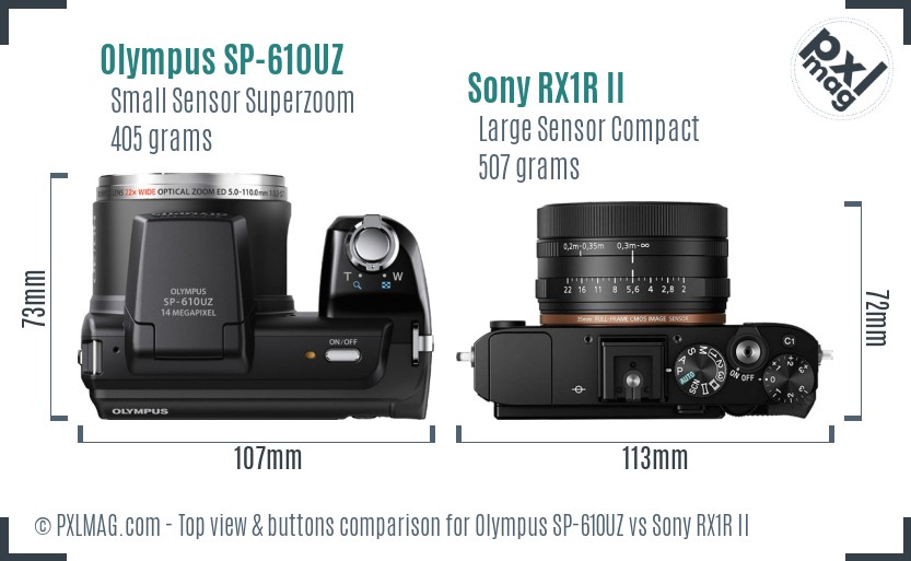 Olympus SP-610UZ vs Sony RX1R II top view buttons comparison