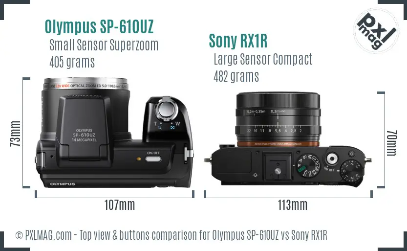 Olympus SP-610UZ vs Sony RX1R top view buttons comparison
