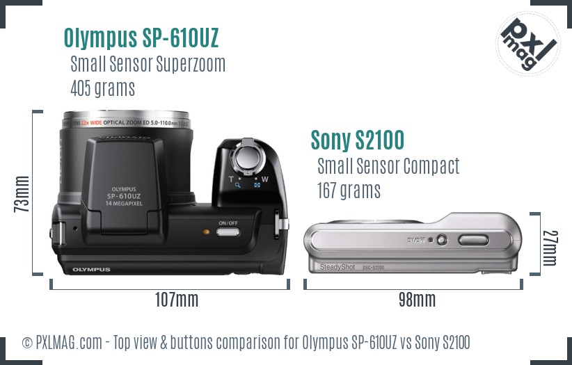 Olympus SP-610UZ vs Sony S2100 top view buttons comparison