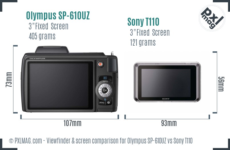 Olympus SP-610UZ vs Sony T110 Screen and Viewfinder comparison