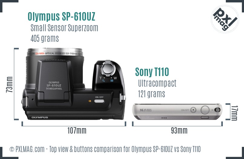 Olympus SP-610UZ vs Sony T110 top view buttons comparison