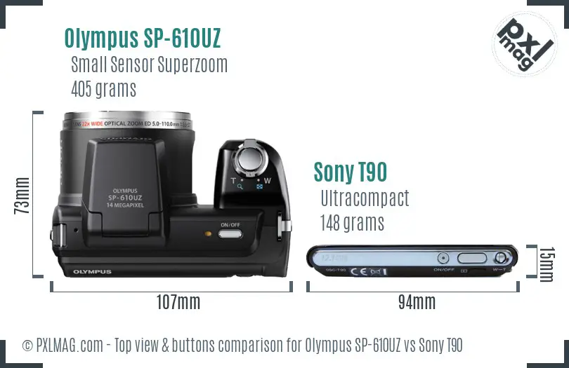 Olympus SP-610UZ vs Sony T90 top view buttons comparison Olympus SP-610UZ vs Sony T90 top view buttons comparison